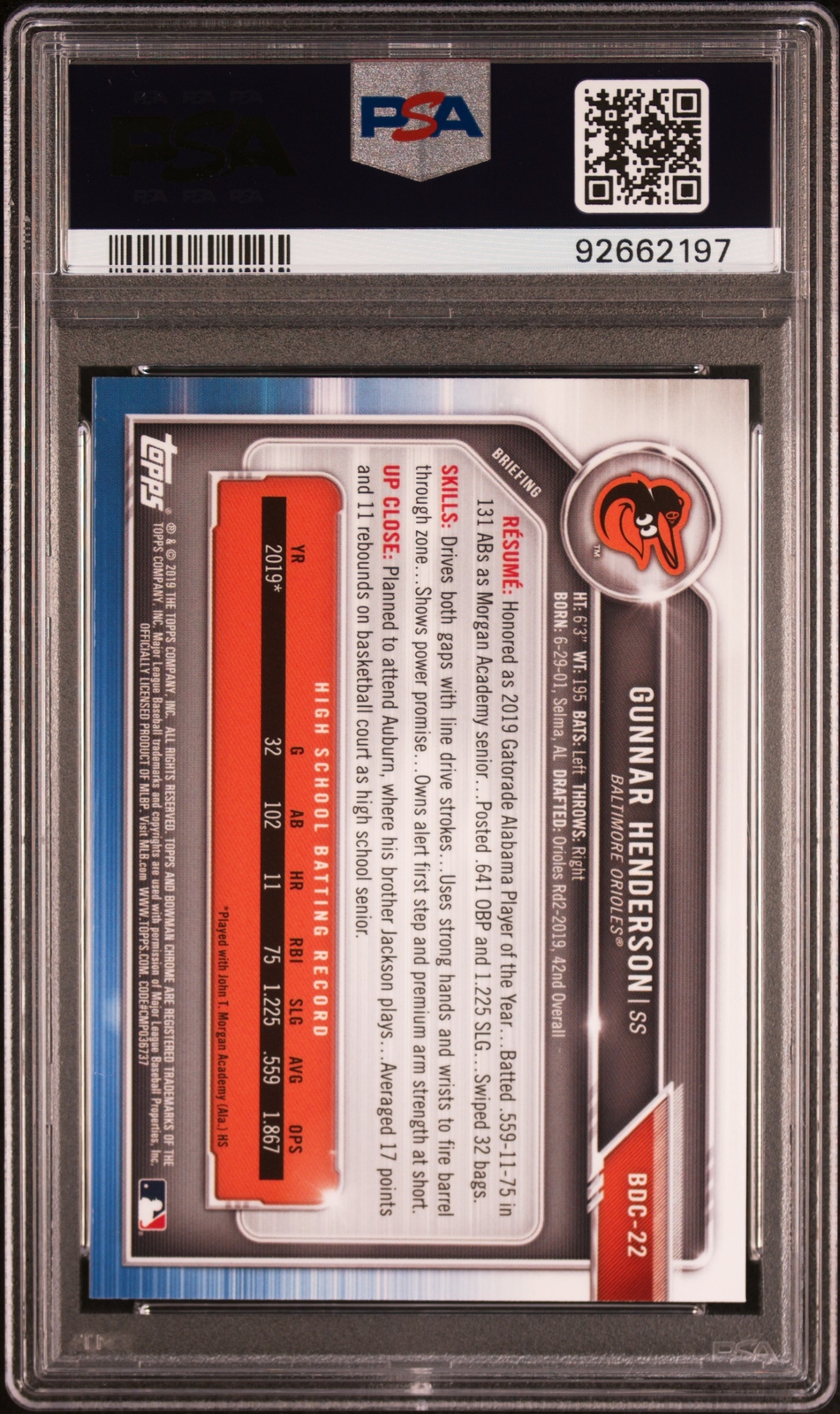 PSA 10 GUNNAR HENDERSON 2019 Bowman Chrome Draft Orioles Rookie Card RC GEM MINT view 3