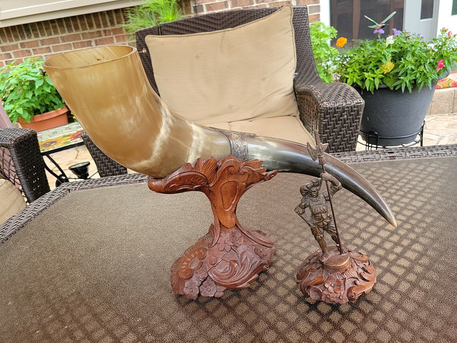 Antique Bavarian Trophy Drinking Horn Vessel Figural CARVED WOOD BASE