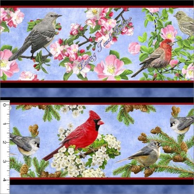 QT ''SONGS OF NATURE'' ''26365-B RED & MIXED BIRDS STRIPED FABRIC- SELECT SIZE