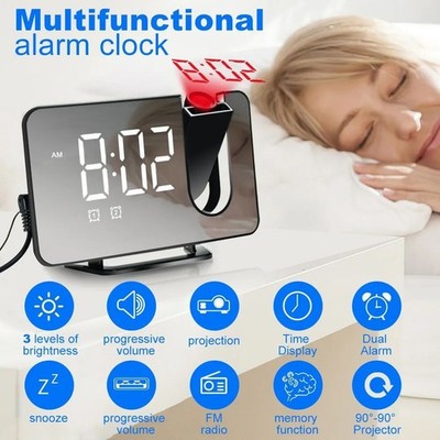 Projection Alarm Clock LED Digital FM Radio Clock Projector Ceiling Clock BLACK