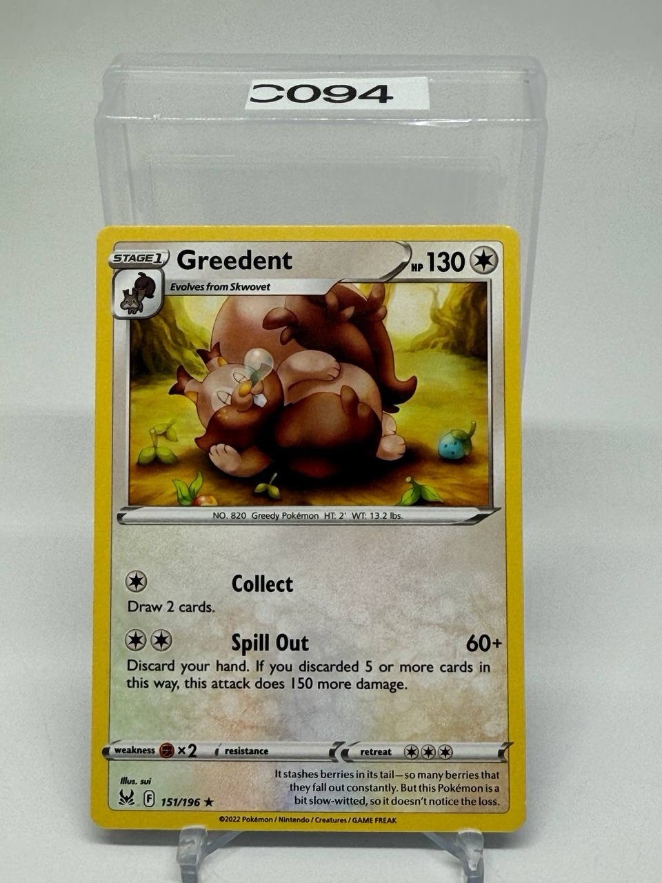 Greedent 151/196 Rare Lost Origin Pokemon Card