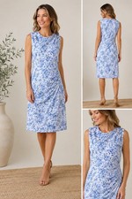 Ralph Lauren Sheath Dress 14 Sleeveless Floral Blue White Green Rushed Stretch