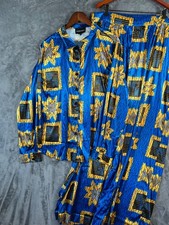 Tribalbyn African Print 2 pc Co Ord Set Top Palazzo Pants Blue Gold Satin 2X