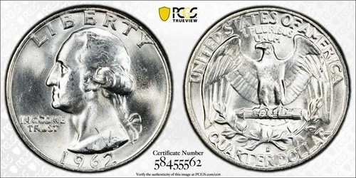 1962 D Washington Quarter BU PCGS MS65 Gold Shield/Truview
