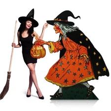 5 Feet Vintage Halloween Party Decoration Witch with Pumpkin Cardboard Cutout...