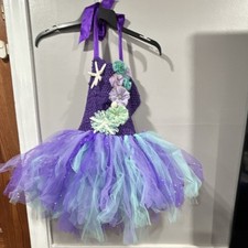Girls Purple Mermaid Halter Sleeveless Tutu Dance Costume Tulle Floral Seashell