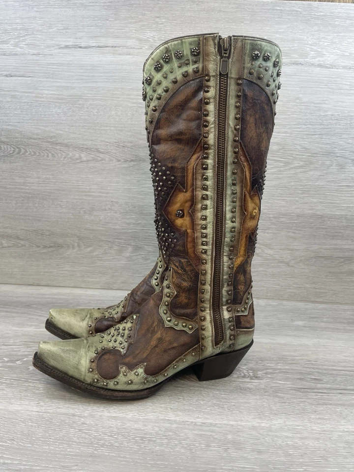 Botas vaqueras occidentales Dan Post Natasha 3687 marrón oliva cuero tachonado 9,5 recortes Foto 3 de 4