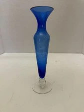 Vintage Rose Etched Blue Glass Bud Vase