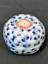 Vintage Chinese Blue & White Porcelain Rouge Pot Red Glazed Flower Trinket Box 
