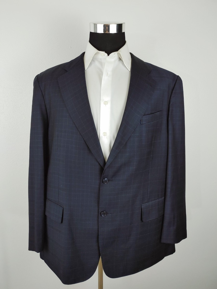 Daniel Leong Zegna Mens Custom Suit Jacket 46L Navy Blue Coat Blazer Check Plaid View 3