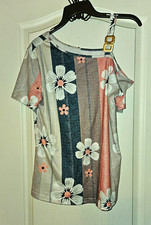 Women s One Shoulder Floral Striped Multicolor Short Sleeve Top Size S