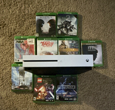 Microsoft Xbox One S White Console w/ Mixed Games Lot, Cases Included