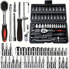 46Pcs Socket Set Car Repair Tool Ratchet Torque Wrench Kit 1/4" Drive with Box=+