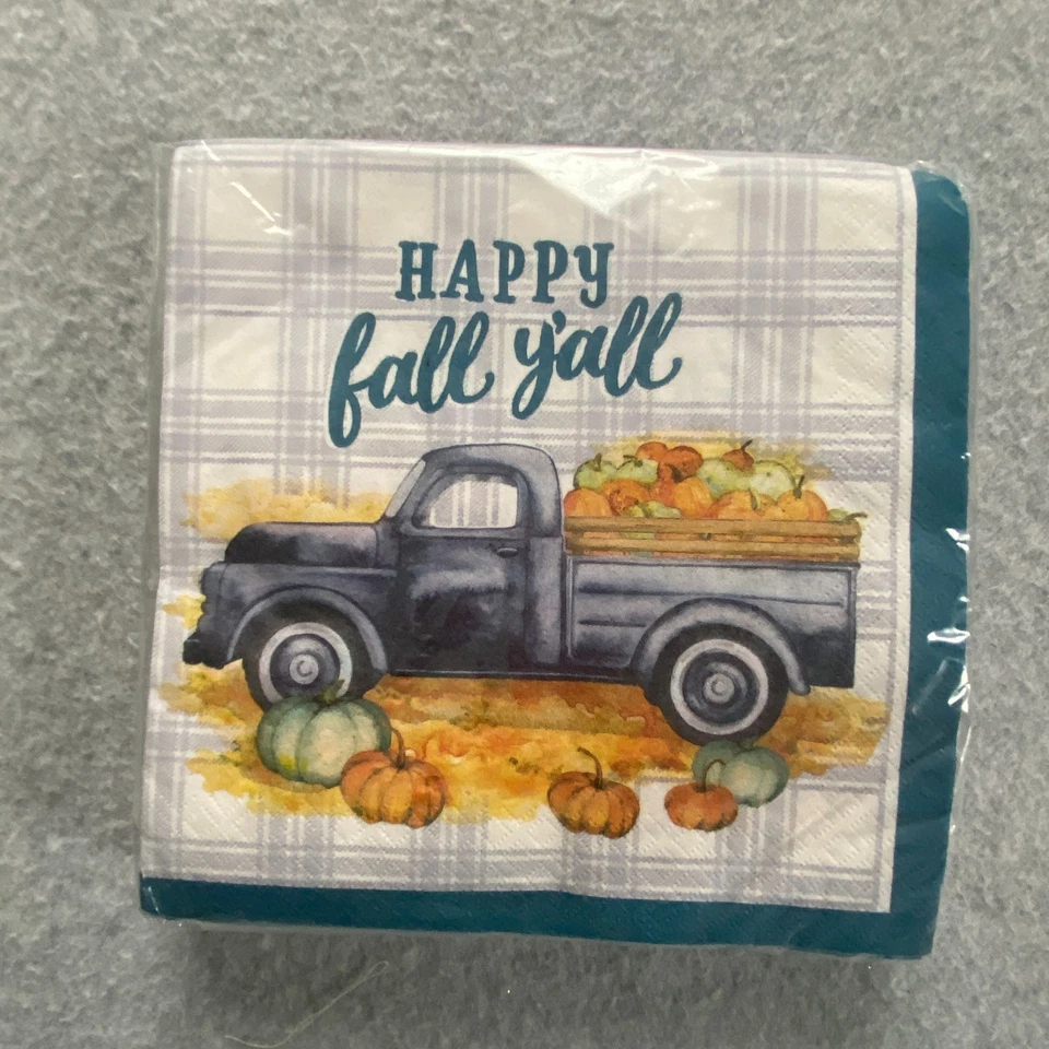 Servilletas de postre para almuerzo de otoño 32 Ea Happy Fall Y'all azul a cuadros camión calabazas NUEVO Foto 3 de 4