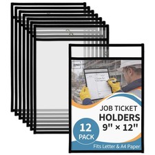 12 Pack Heavy Duty Job Ticket Holders, 9 x 12 Inch Black Dry Erase Pockets, R...