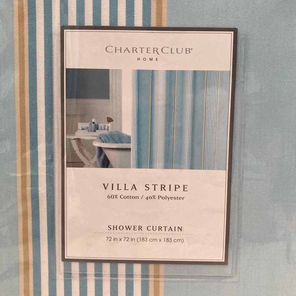 Charter Club 淋浴帘别墅条纹浅蓝色棕褐色白色全新棉聚乙烯 — 第 2/4 张图片