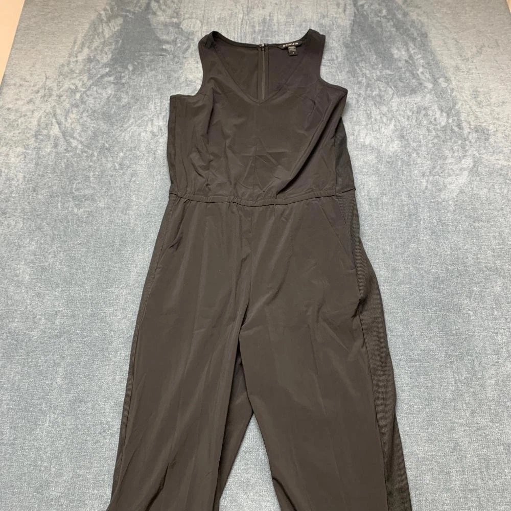 Athleta Brooklyn Jumpsuit Womens 6 Black V Neck Back Zip Ribbed Trim Sleeveless