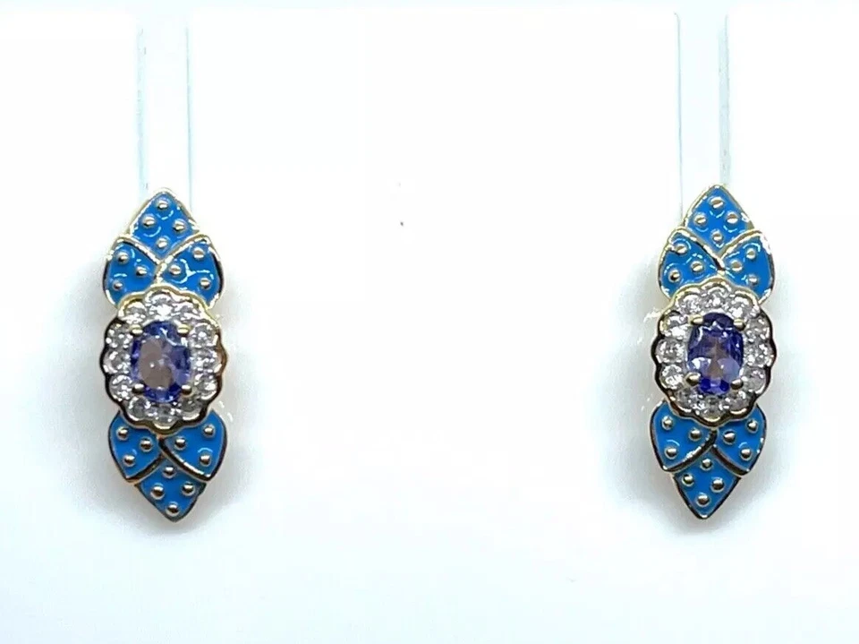 Nuevos aretes de oro sobre plata de ley con tanzanita y circón blanco esmaltado Foto 4 de 4