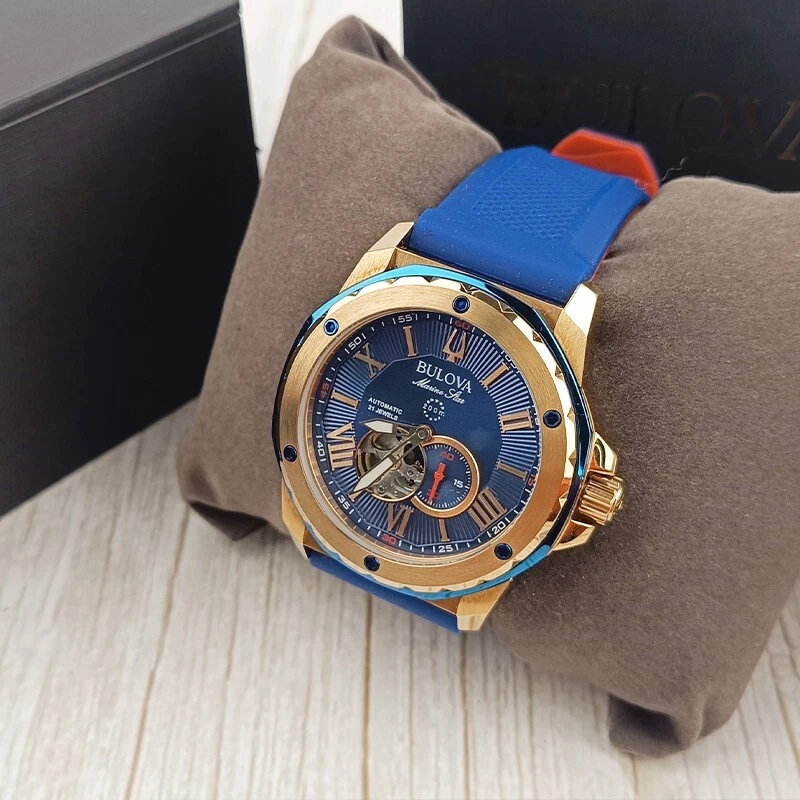 Bulova Marine Star A Automatic Blue Gold Dial Rubber Strap Men 98A227 Watch 45mm - Image 3 of 4