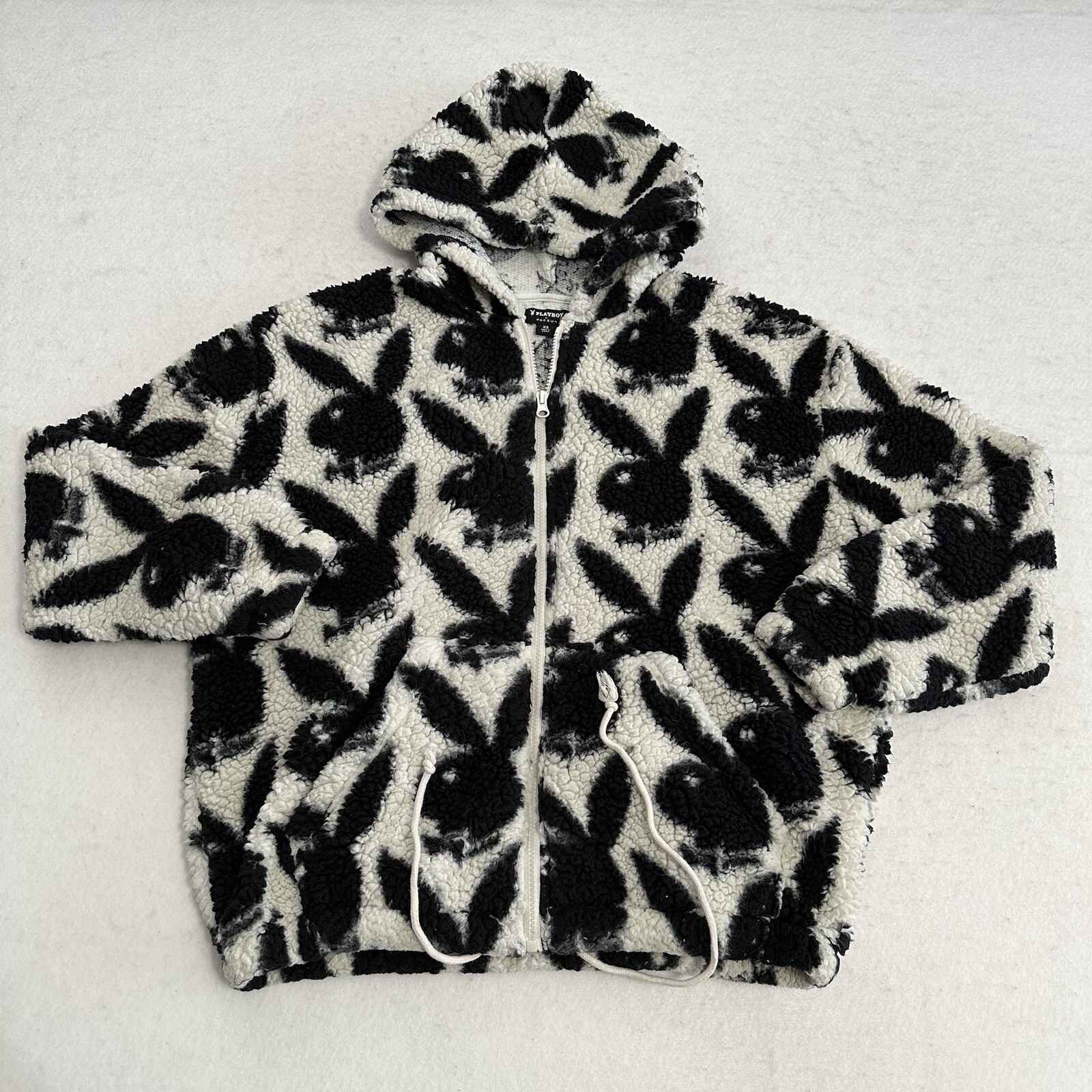 Playboy By Pacsun Sherpa Hoodie Jacket Zip Womens L White Black