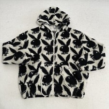 Playboy By Pacsun Sherpa Hoodie Jacket Zip Womens L White Black Oversized Fleece
