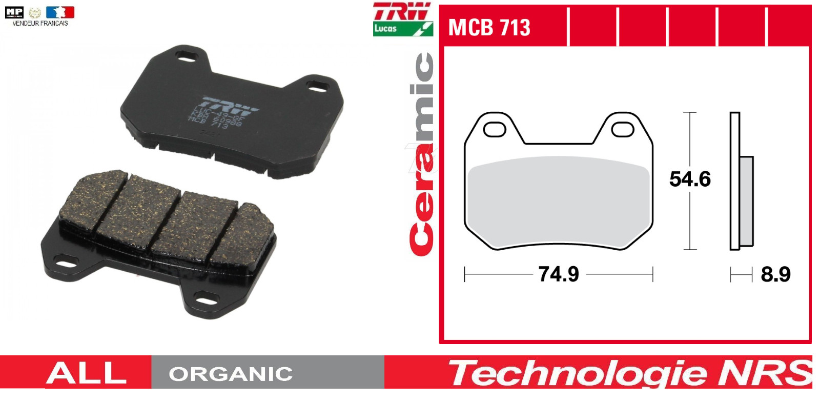 Plaquettes de frein arrière MCB713 Organic moto BMW R1200CL ABS 2003 2004 2005