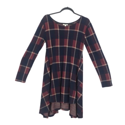 Umgee Womens Size M Red Blue Plaid Hi Lo Long Sleeve Dress
