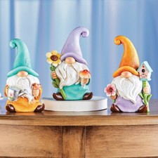 Set of 3 Adorable Springtime Garden Gnomes Holding Flowers Tabletop Figurines image