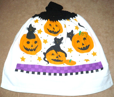 1 Crochet Top Hanging Kitchen Towel Halloween Cats Jack o'lanterns, Full black y