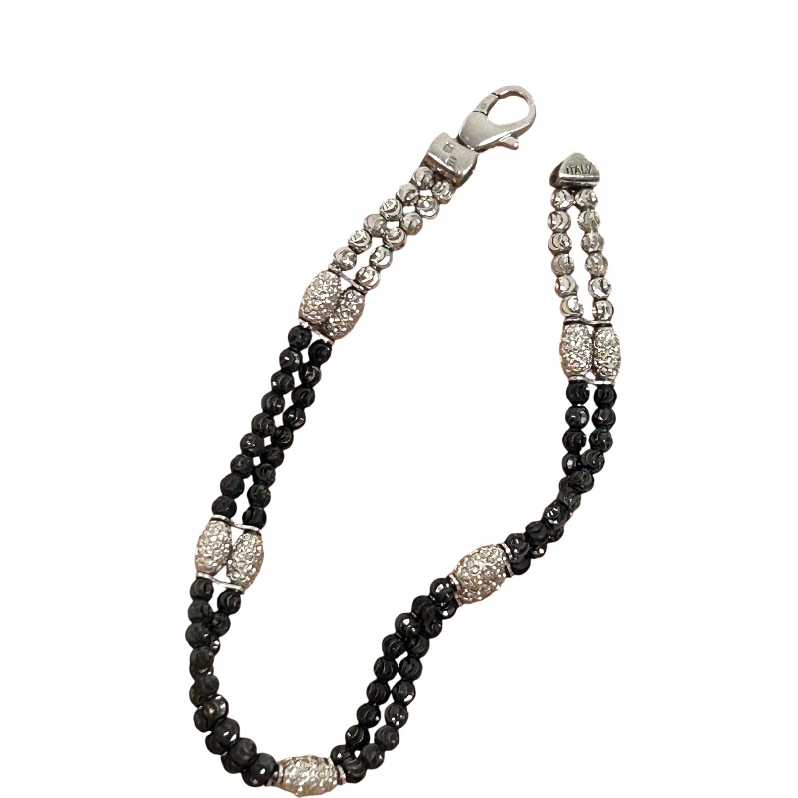 Sterling Silver Black Faceted Bead Bracelet Italy Vintage 7.5 Inch Fine Jewelry-image