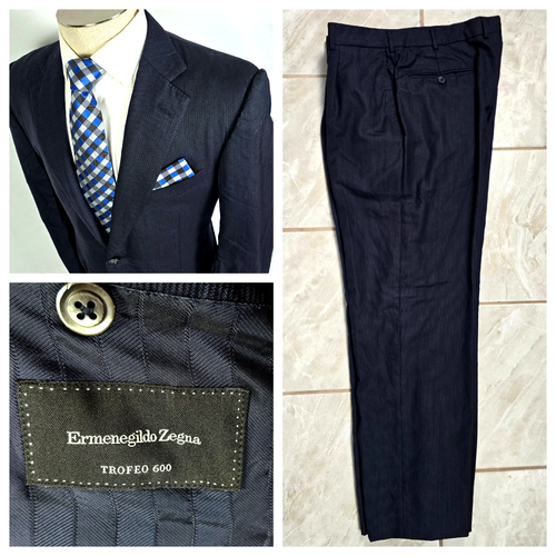 Ermenegildo Zegna Trofeo 600 Silk & Wool Suit Blue Thin Herringbone 40, 50 Swiss