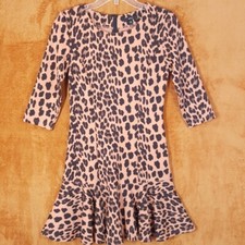 VERY J Fit Flare Dress Womens Small Tan Leopard Sheath Ruffle Ponte Stretch