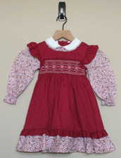 Polly Flinders Smocked Dress Vintage Girls Size 4T 4 Maroon Red Floral Pinafore