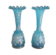 Coppia Vasi Vetro Blu Soffiato Decorati Smalto Bianco Europa XIX secolo