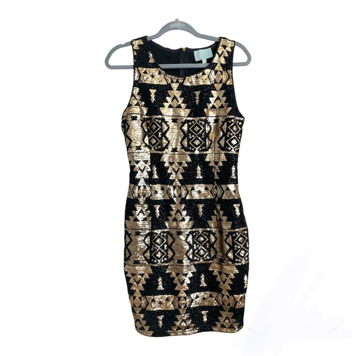 sequin tribal dress SKIES ARE BLUE Black Gold Sequin Tribal Geometric Bodycon Dress Size Medium
