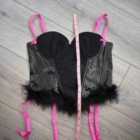 Vintage Ann Summers Black PVC & Feather Corset Top Size 8-10 
