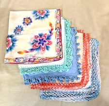 Lot of 4 Vintage Linen Cotton w/ Crochet Edges Hankies One Hawaian Floral Hankie
