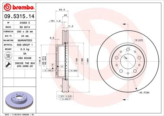 Disque de frein 09.5315.14 BREMBO pour VOLVO - Jeu de 2 disques ventilés 5 trous