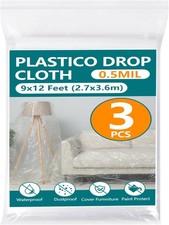 3-Pack 12x9ft Plastic Drop Cloths - Disposable Painter's Sheeting for Floor