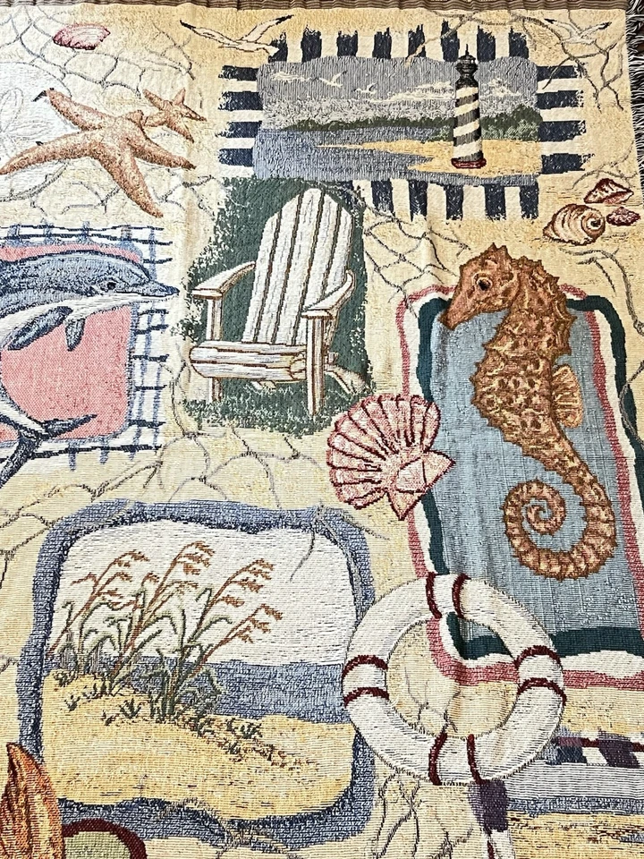 Manta de tiro de tapiz de playa océano 61”x49” delfín caballito de mar faro conchas Foto 4 de 4