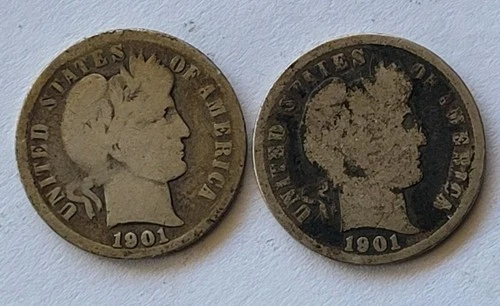 Lot Of Two 1901 Silver Barber Dimes