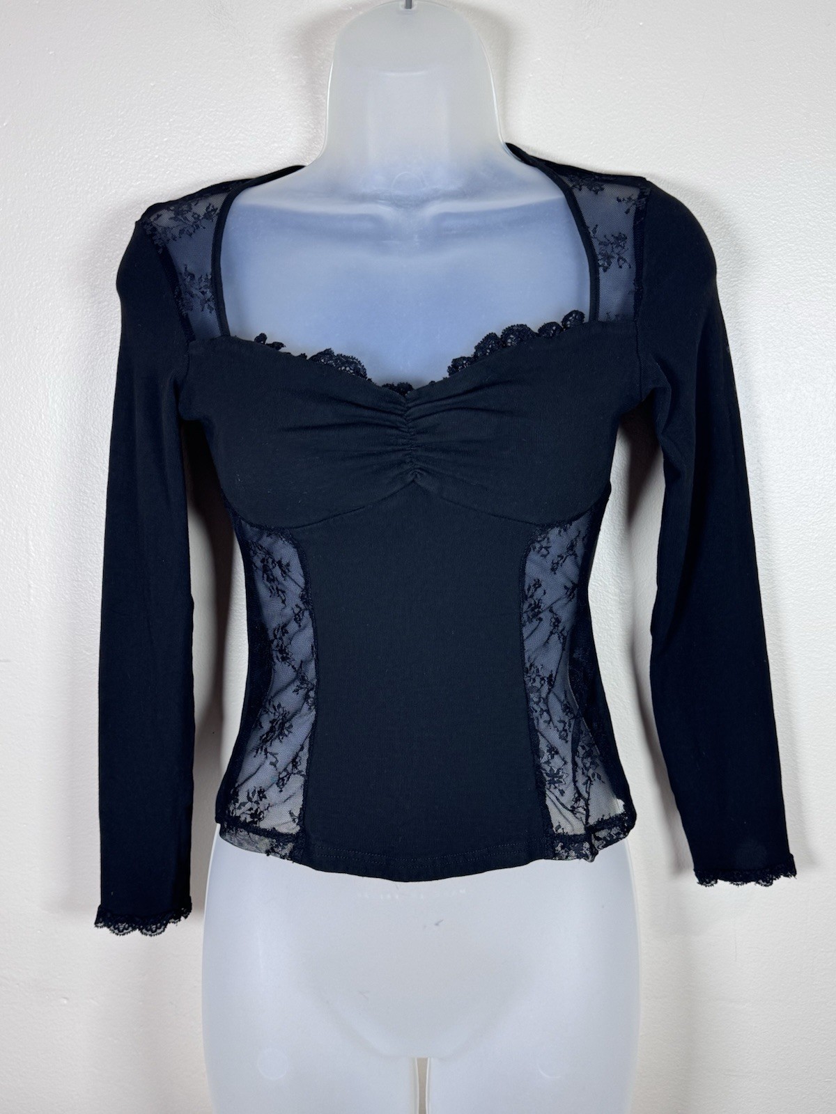 Womens Long Sleeve Top Y2K Whimsigoth Fairy Lace Sheer Babydoll Grunge S / M