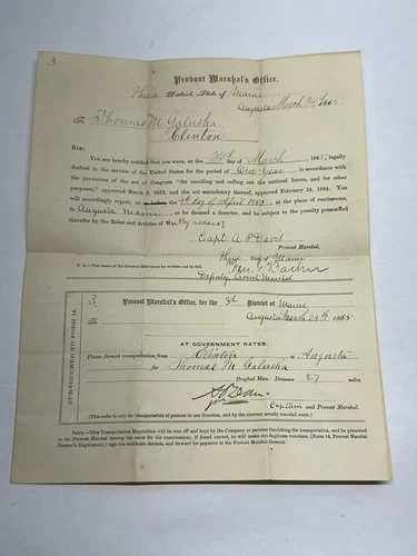 1865 Civil War Draft Notice Letter - Clinton, Maine - Capt. Augustus P. Davis