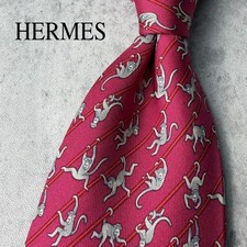USED Tie HERMES Monkey Animal Pattern Tie Pink Red Japan
