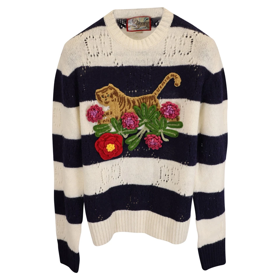 Gucci Knitted Stripe Tiger And Flower-Embroidered Sweater In Wool Women XS