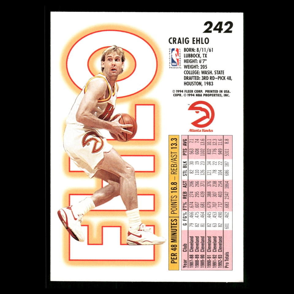 Craig Ehlo #242 1993-94 Fleer Atlanta Hawks Basketball Card NBA - Image 2 of 3