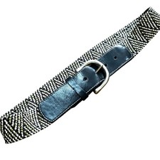 Woven belt with silvertone buckle black khaki  tan stretch casual geometric S
