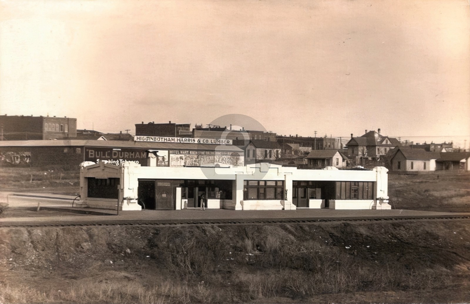 SANTA FE RAILROAD DEPOT & Lumber yard SWEETWATER TEXAS 1907c RPPC Postcard COPY