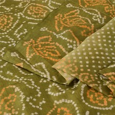 Sanskriti Vintage Sarees Green Bandhani Printed Pure Silk Sari 5Yd Craft Fabric