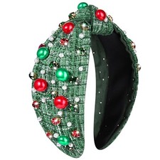 NVENF Knotted Headbands for Women, Pearl Crystal Knotted Christmas Green